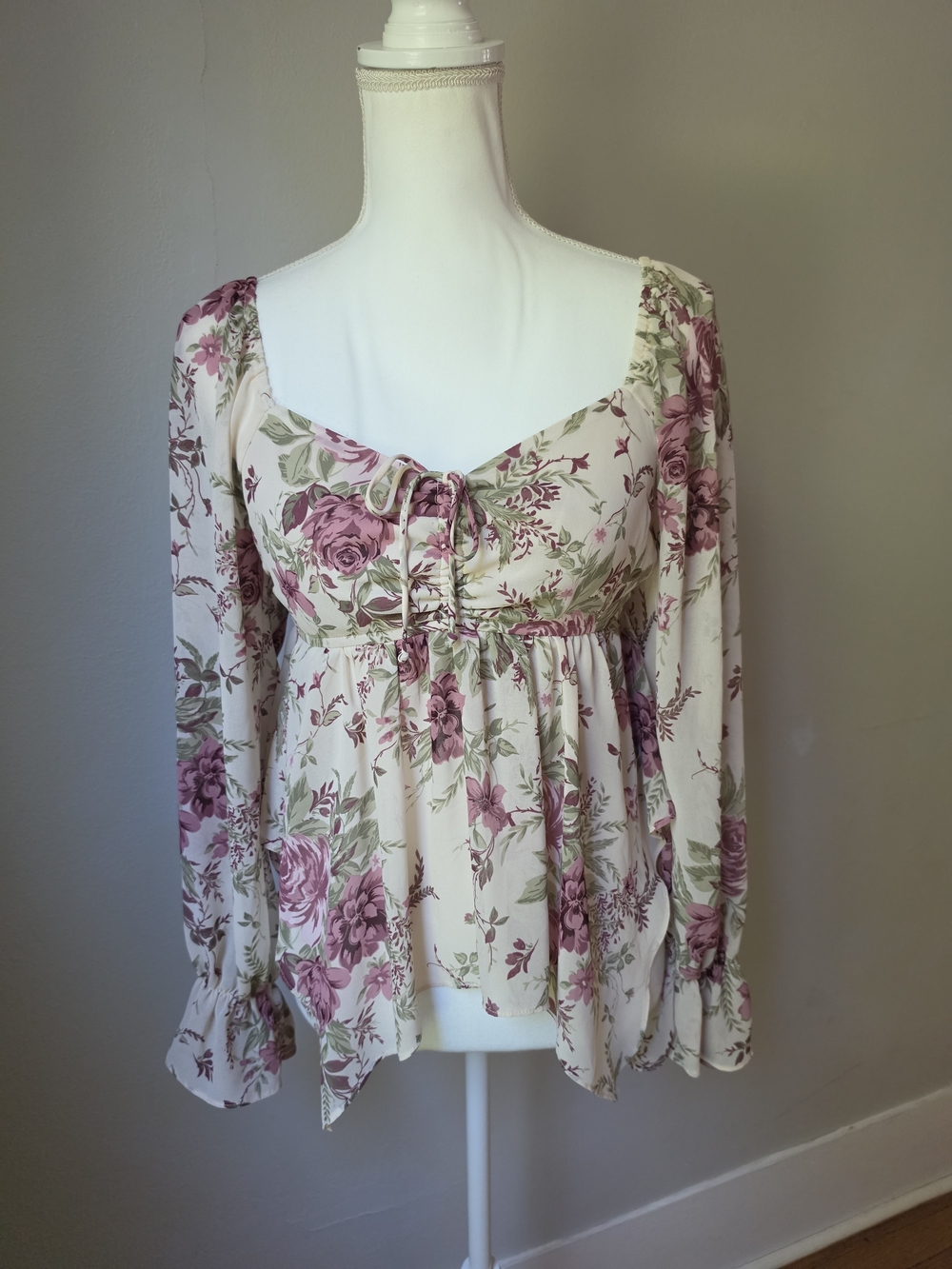 SO Floral Tie-Front Peasant Blouse - Cream and Dusty Rose